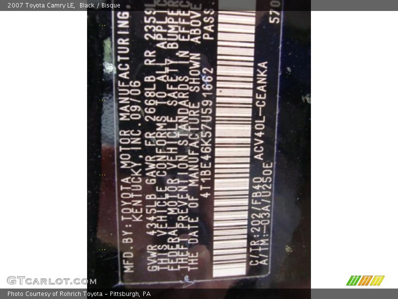 Black / Bisque 2007 Toyota Camry LE