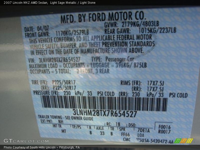Light Sage Metallic / Light Stone 2007 Lincoln MKZ AWD Sedan