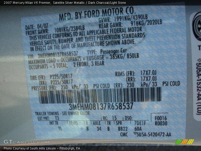 Satellite Silver Metallic / Dark Charcoal/Light Stone 2007 Mercury Milan V6 Premier