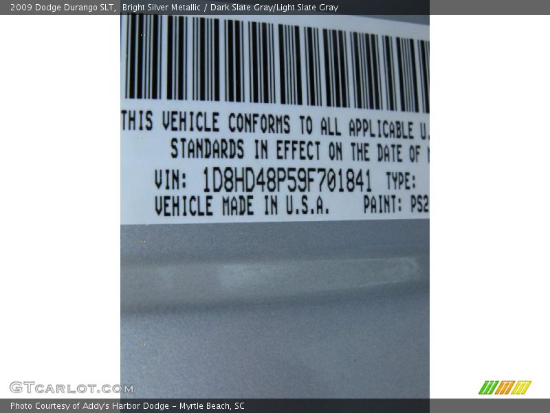 Bright Silver Metallic / Dark Slate Gray/Light Slate Gray 2009 Dodge Durango SLT