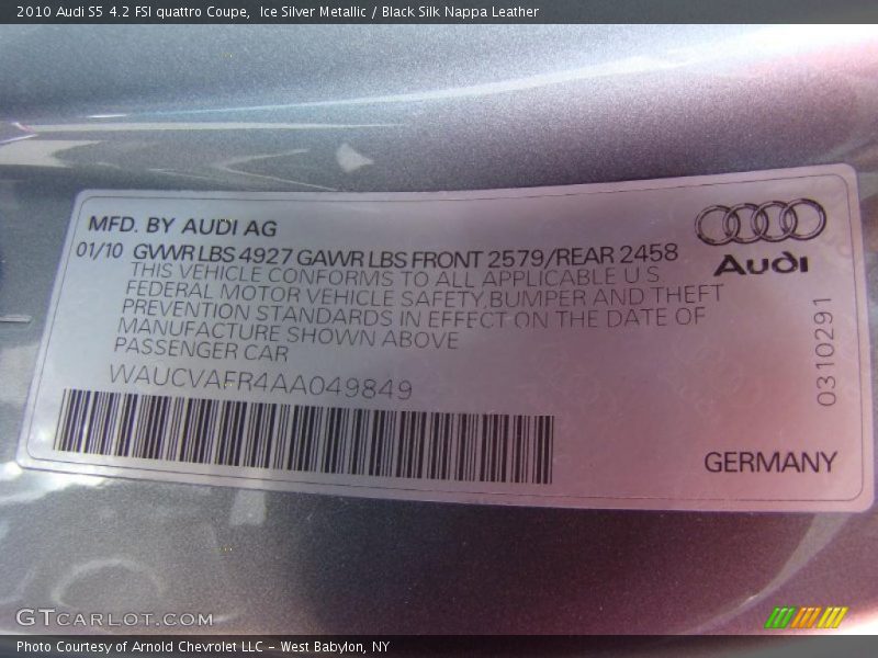 Ice Silver Metallic / Black Silk Nappa Leather 2010 Audi S5 4.2 FSI quattro Coupe