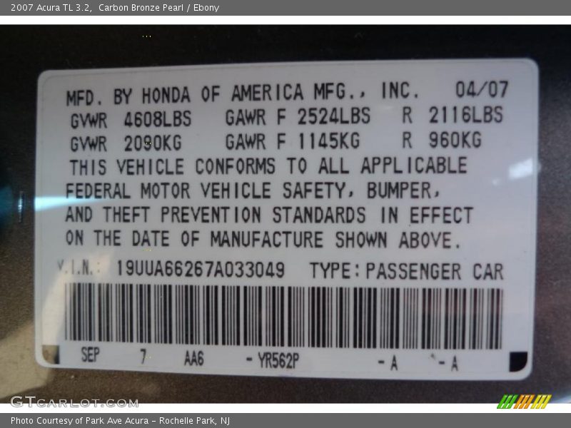 Carbon Bronze Pearl / Ebony 2007 Acura TL 3.2