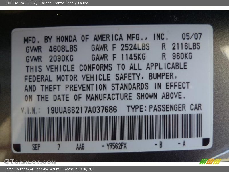 Carbon Bronze Pearl / Taupe 2007 Acura TL 3.2
