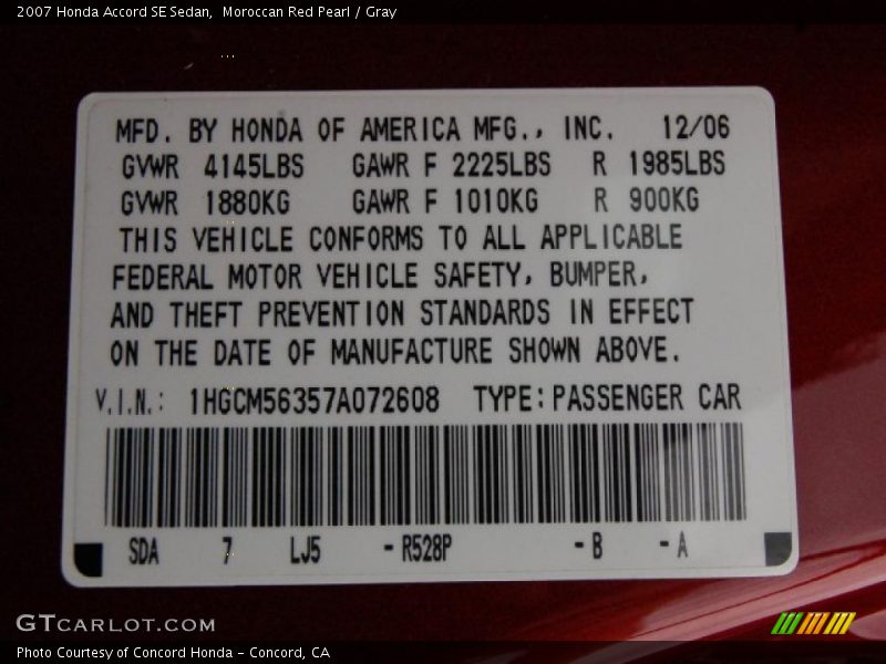 Moroccan Red Pearl / Gray 2007 Honda Accord SE Sedan