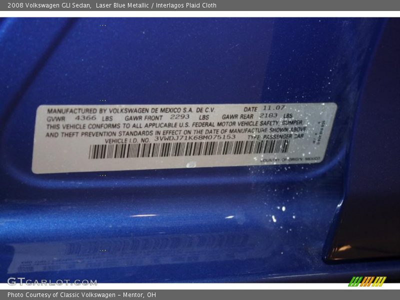 Laser Blue Metallic / Interlagos Plaid Cloth 2008 Volkswagen GLI Sedan