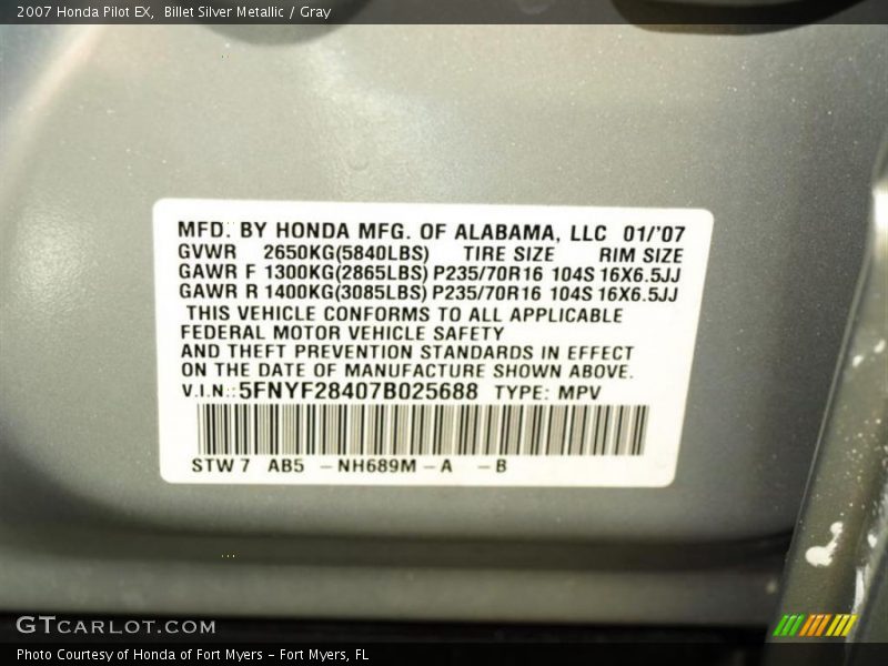 Billet Silver Metallic / Gray 2007 Honda Pilot EX