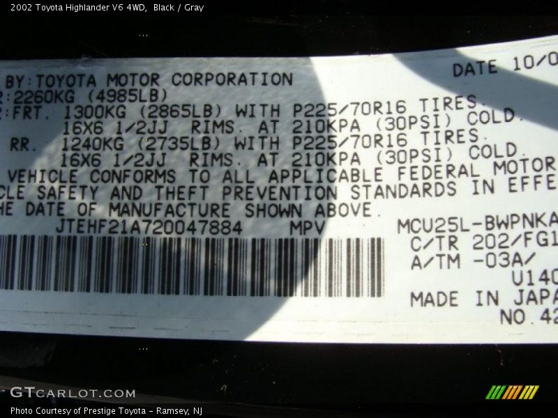 Black / Gray 2002 Toyota Highlander V6 4WD