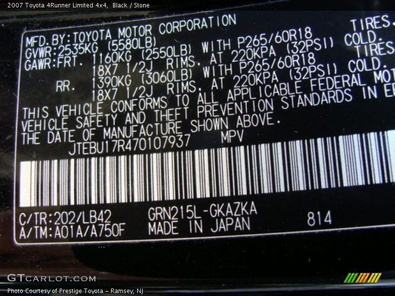 Black / Stone 2007 Toyota 4Runner Limited 4x4