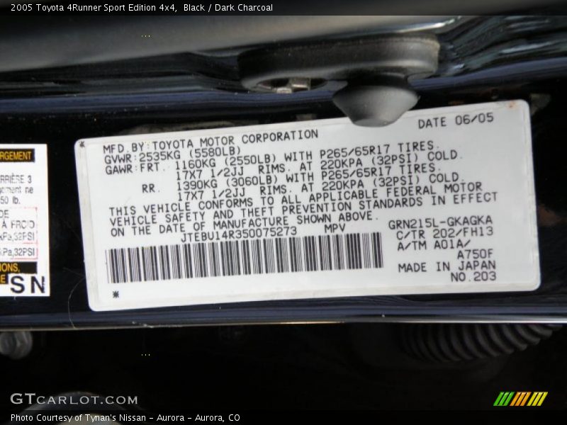 Black / Dark Charcoal 2005 Toyota 4Runner Sport Edition 4x4