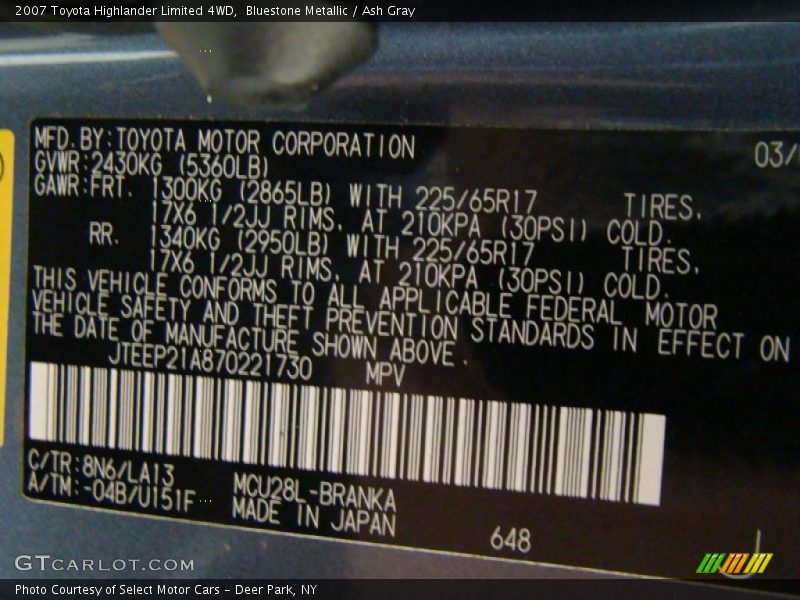 Bluestone Metallic / Ash Gray 2007 Toyota Highlander Limited 4WD