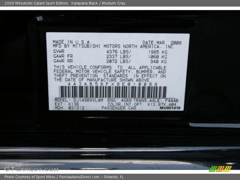 Kalapana Black / Medium Gray 2009 Mitsubishi Galant Sport Edition