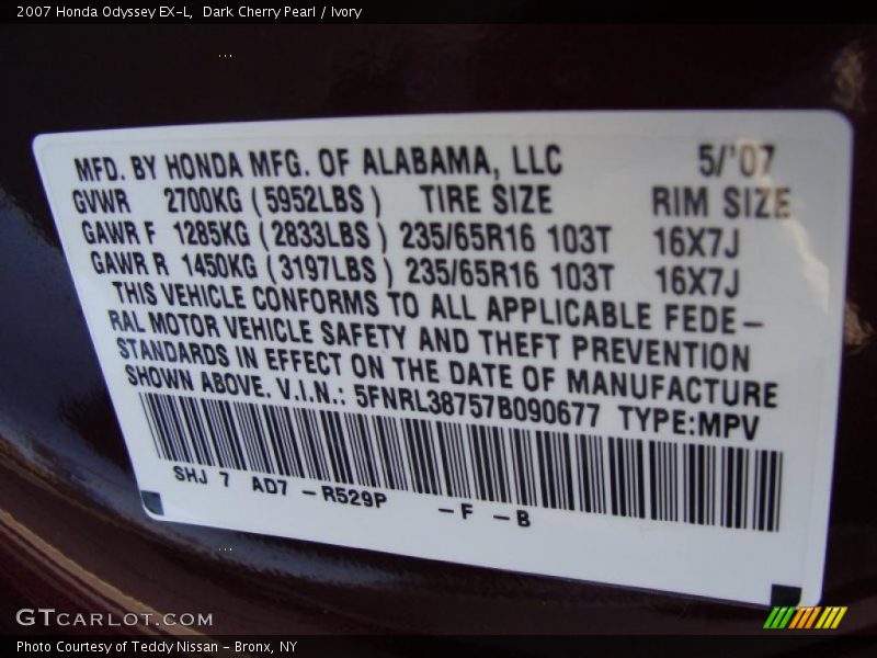 Dark Cherry Pearl / Ivory 2007 Honda Odyssey EX-L