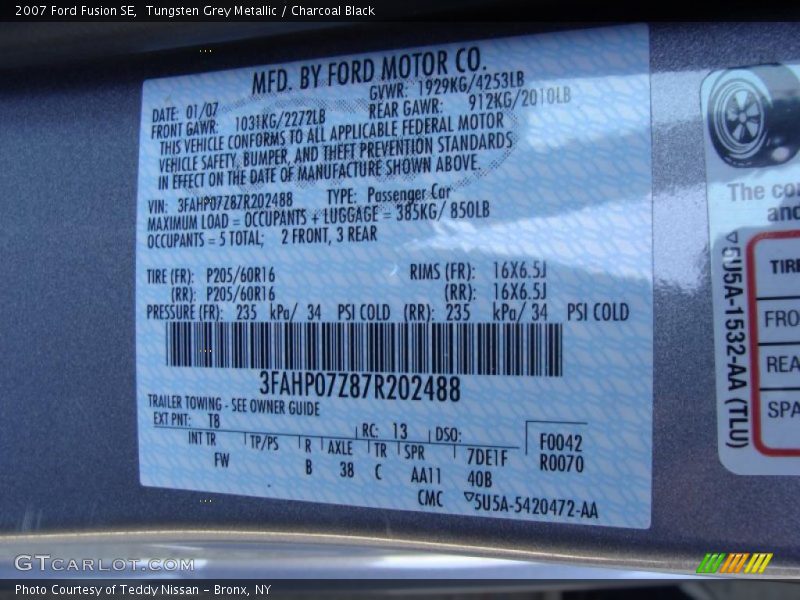 Tungsten Grey Metallic / Charcoal Black 2007 Ford Fusion SE