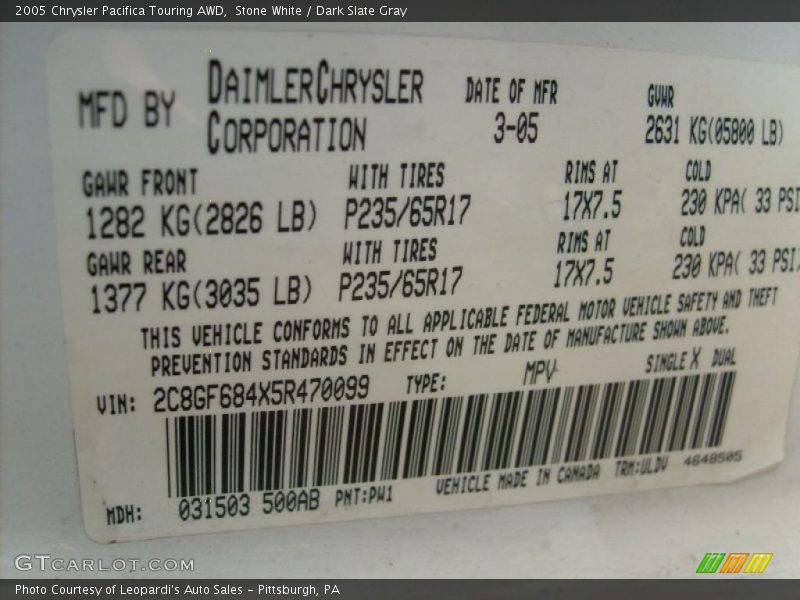 Stone White / Dark Slate Gray 2005 Chrysler Pacifica Touring AWD