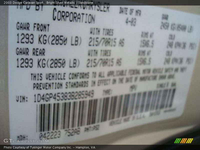 Bright Silver Metallic / Sandstone 2003 Dodge Caravan Sport