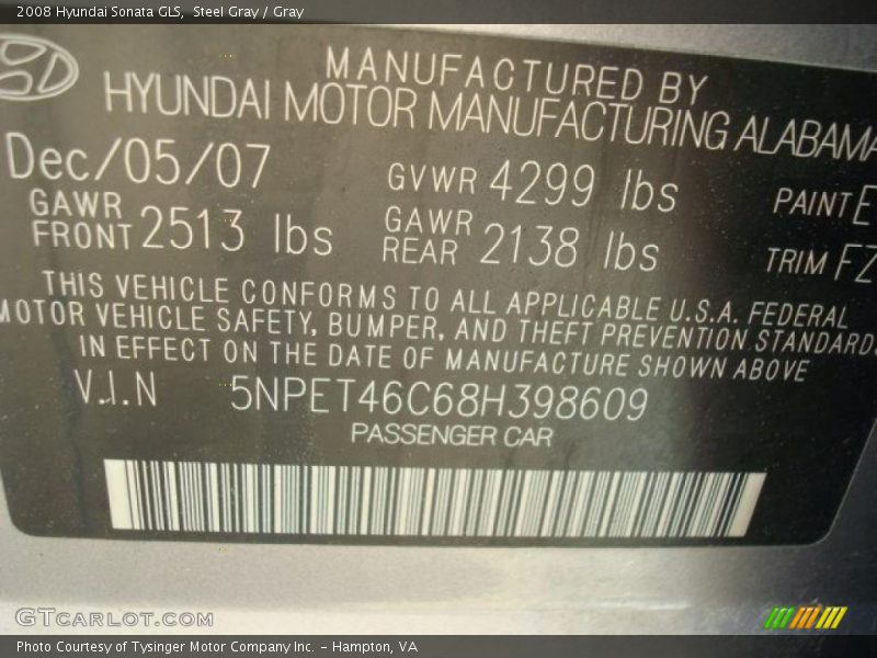 Steel Gray / Gray 2008 Hyundai Sonata GLS