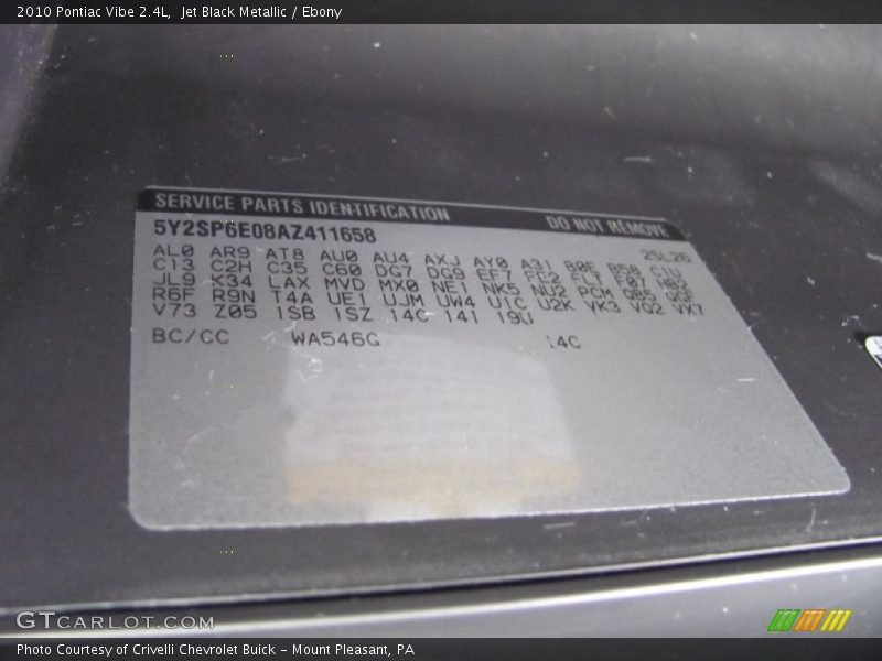 Jet Black Metallic / Ebony 2010 Pontiac Vibe 2.4L