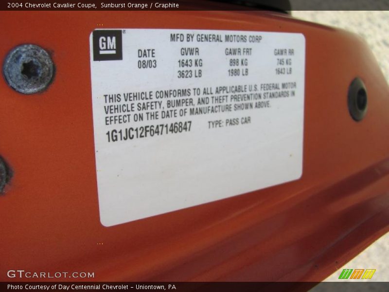 Sunburst Orange / Graphite 2004 Chevrolet Cavalier Coupe