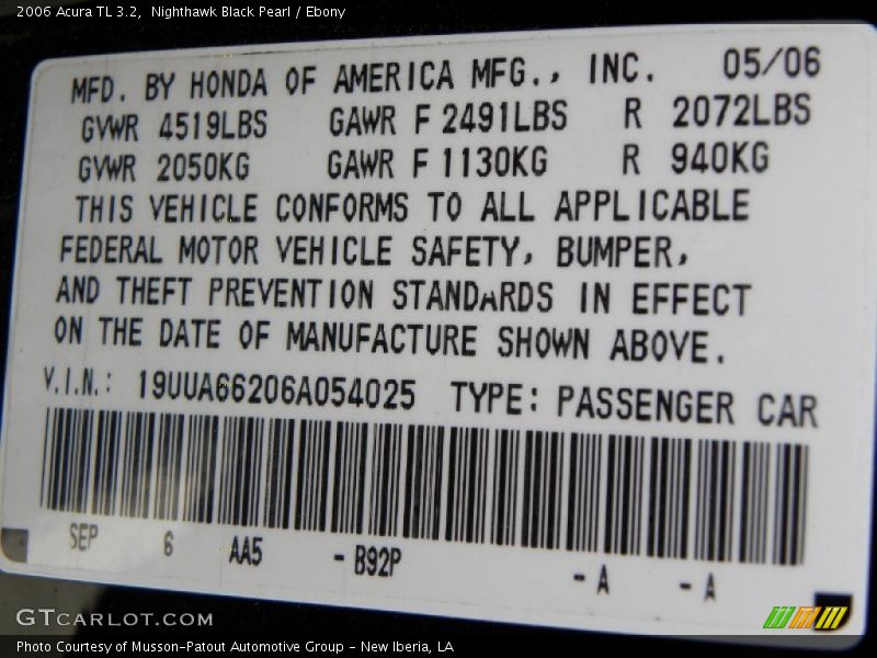 Nighthawk Black Pearl / Ebony 2006 Acura TL 3.2
