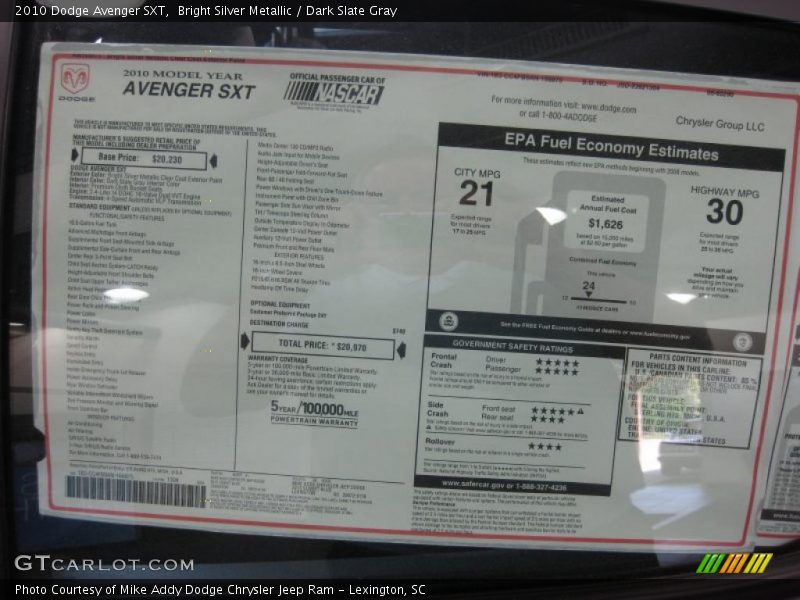 Bright Silver Metallic / Dark Slate Gray 2010 Dodge Avenger SXT