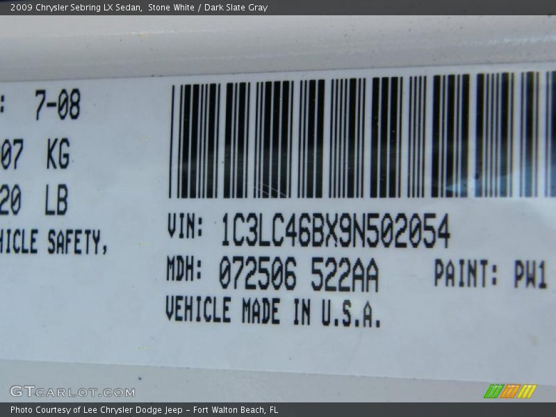 Stone White / Dark Slate Gray 2009 Chrysler Sebring LX Sedan