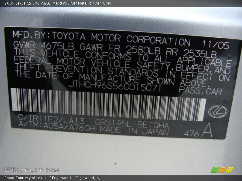 Mercury Silver Metallic / Ash Gray 2006 Lexus GS 300 AWD