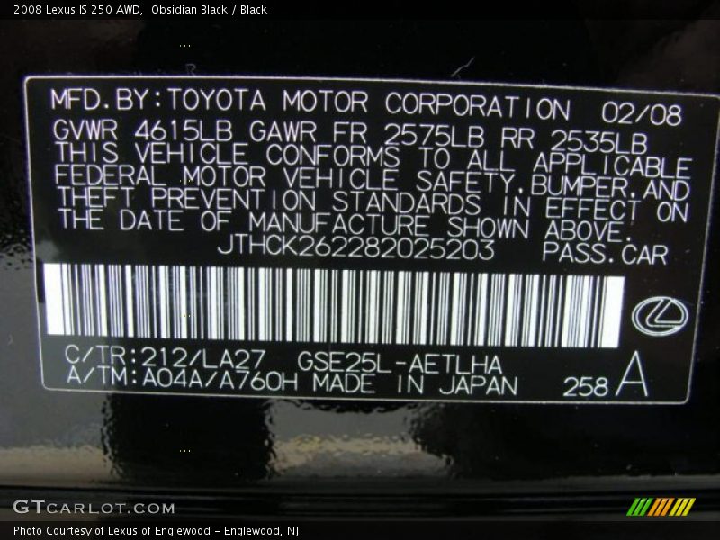 Obsidian Black / Black 2008 Lexus IS 250 AWD