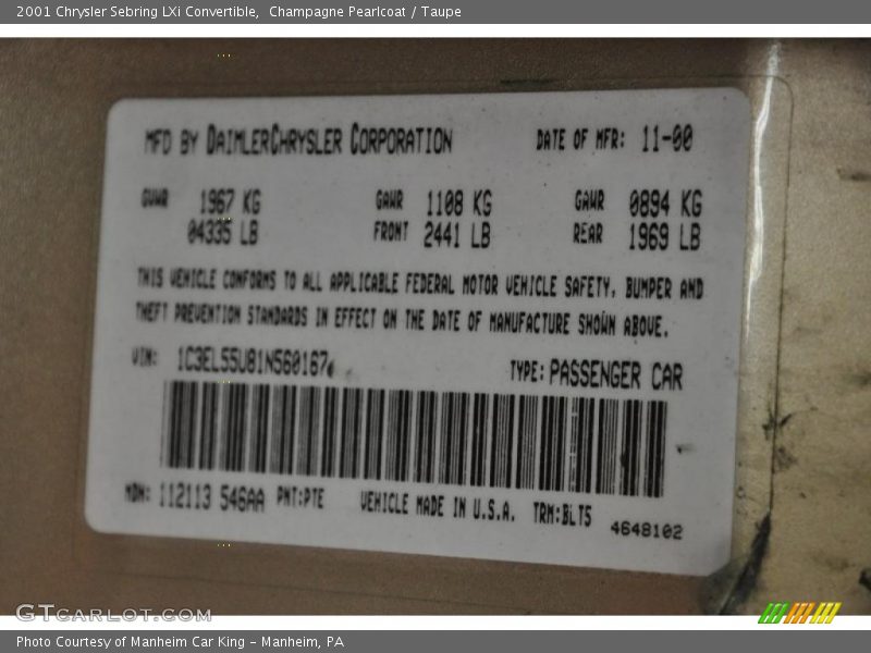 Champagne Pearlcoat / Taupe 2001 Chrysler Sebring LXi Convertible
