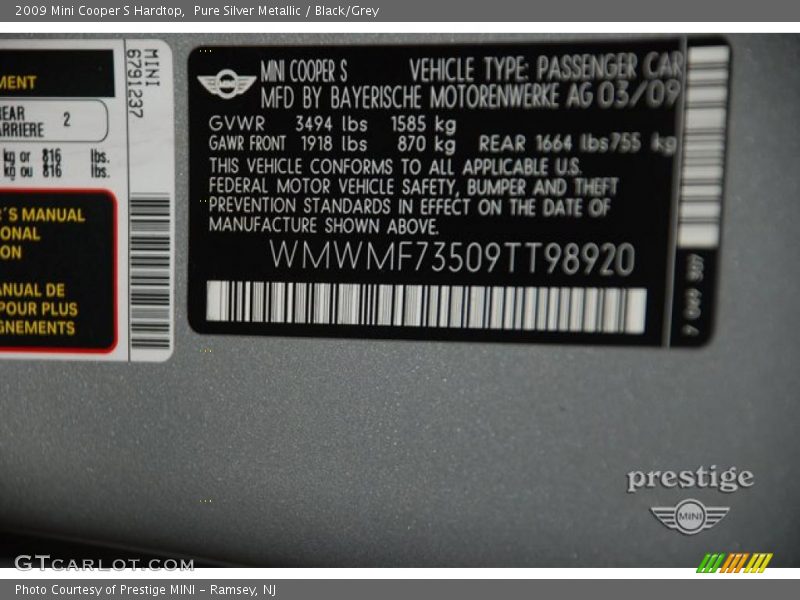 Pure Silver Metallic / Black/Grey 2009 Mini Cooper S Hardtop