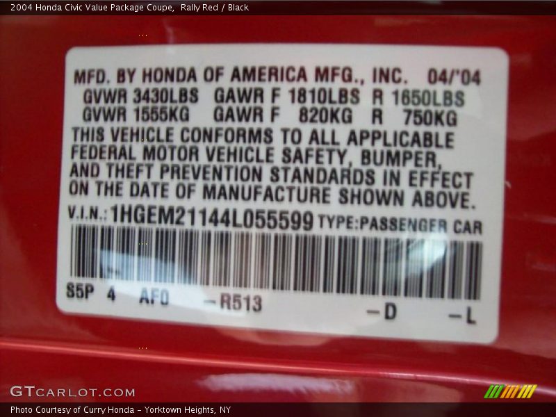Rally Red / Black 2004 Honda Civic Value Package Coupe