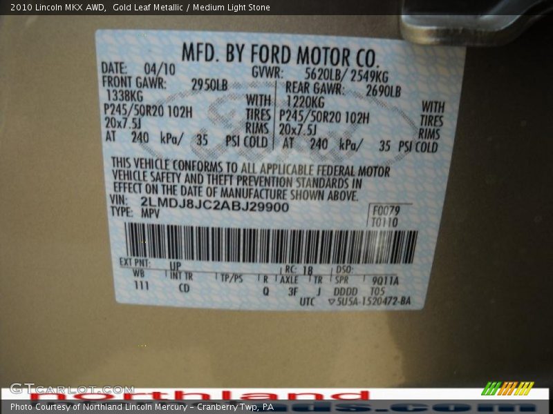 Gold Leaf Metallic / Medium Light Stone 2010 Lincoln MKX AWD