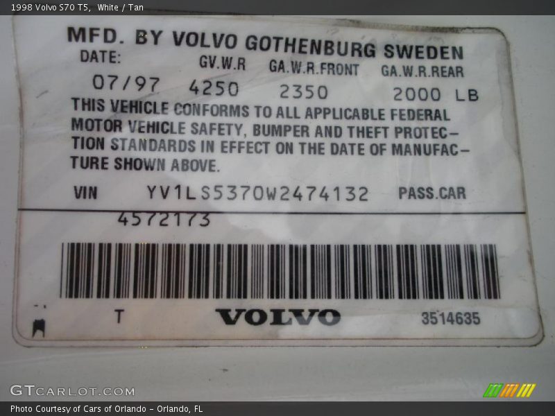 White / Tan 1998 Volvo S70 T5