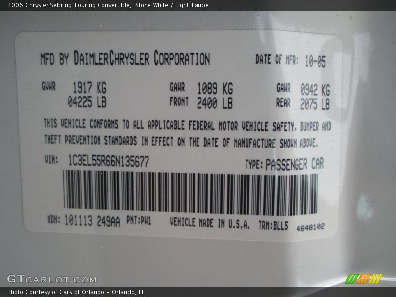 Stone White / Light Taupe 2006 Chrysler Sebring Touring Convertible