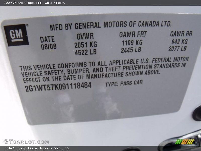 White / Ebony 2009 Chevrolet Impala LT