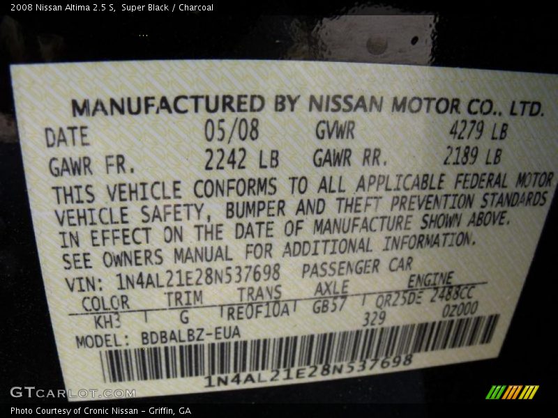 Super Black / Charcoal 2008 Nissan Altima 2.5 S