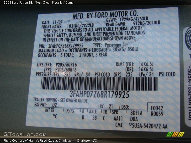 Moss Green Metallic / Camel 2008 Ford Fusion SE