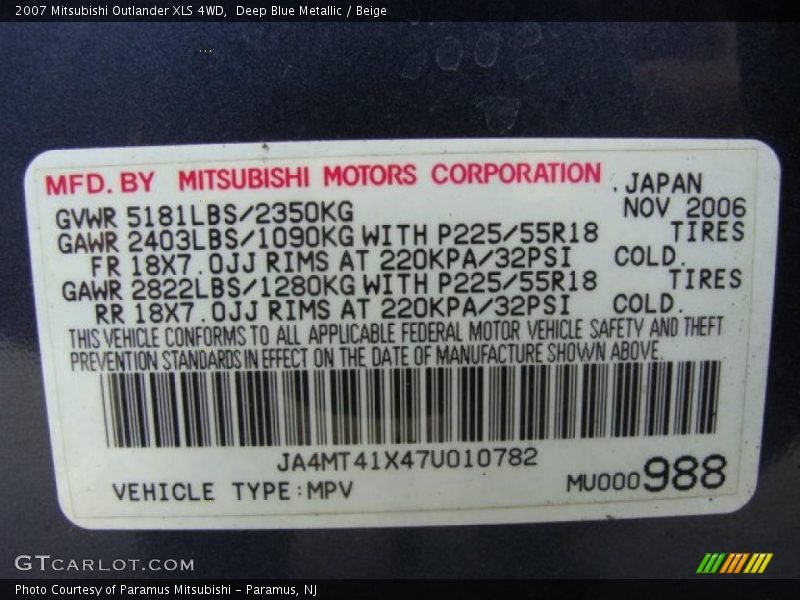 Deep Blue Metallic / Beige 2007 Mitsubishi Outlander XLS 4WD