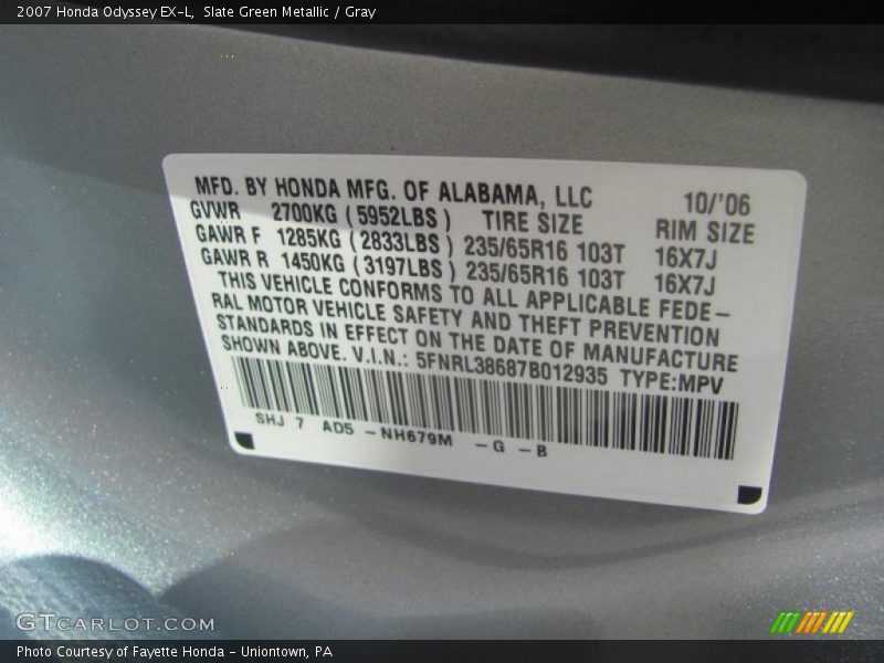 Slate Green Metallic / Gray 2007 Honda Odyssey EX-L