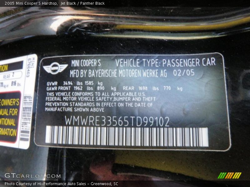 Jet Black / Panther Black 2005 Mini Cooper S Hardtop