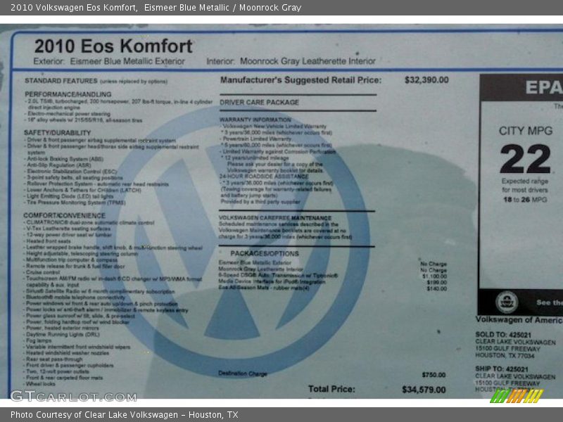 Eismeer Blue Metallic / Moonrock Gray 2010 Volkswagen Eos Komfort