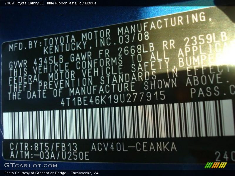 Blue Ribbon Metallic / Bisque 2009 Toyota Camry LE