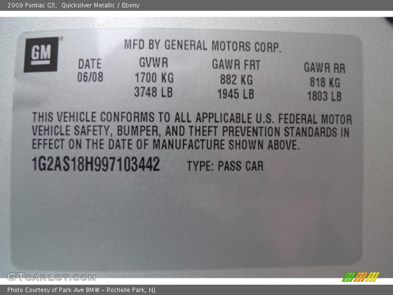 Quicksilver Metallic / Ebony 2009 Pontiac G5