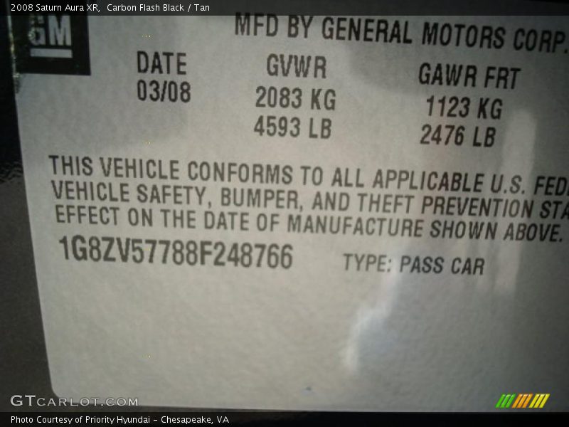 Carbon Flash Black / Tan 2008 Saturn Aura XR