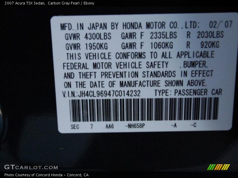 Carbon Gray Pearl / Ebony 2007 Acura TSX Sedan