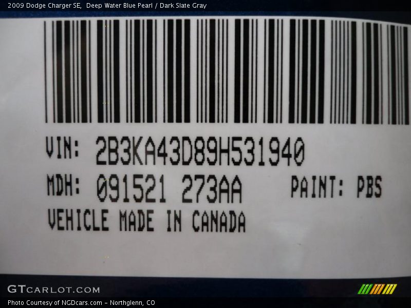 Deep Water Blue Pearl / Dark Slate Gray 2009 Dodge Charger SE