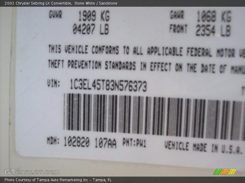 Stone White / Sandstone 2003 Chrysler Sebring LX Convertible