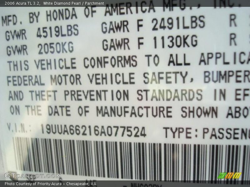 White Diamond Pearl / Parchment 2006 Acura TL 3.2