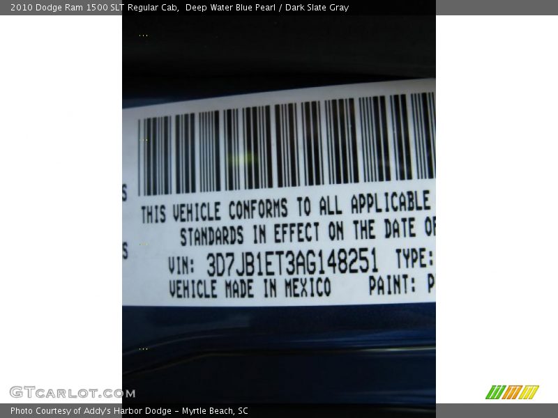 Deep Water Blue Pearl / Dark Slate Gray 2010 Dodge Ram 1500 SLT Regular Cab