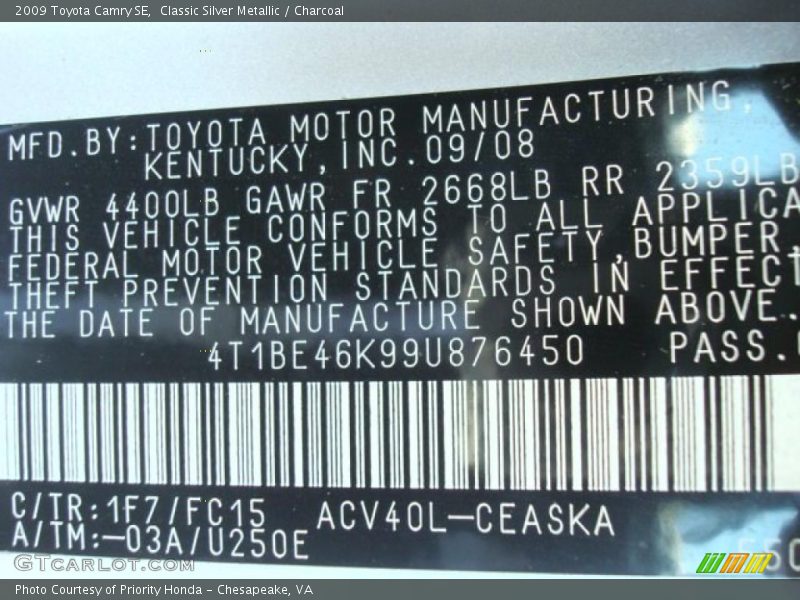 Classic Silver Metallic / Charcoal 2009 Toyota Camry SE