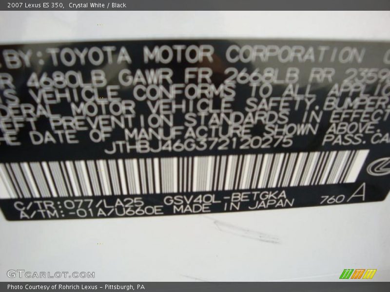 Crystal White / Black 2007 Lexus ES 350